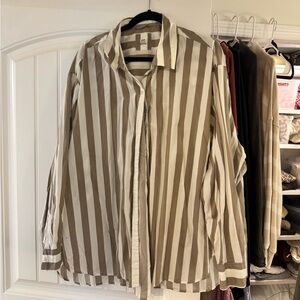 aerie Beige and White Vertical-Stripe Button Front Top and short SET